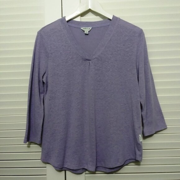 Orvis Purple V Neck Linen Blend 3/4 Sleeve Popover Top - Picture 2 of 7